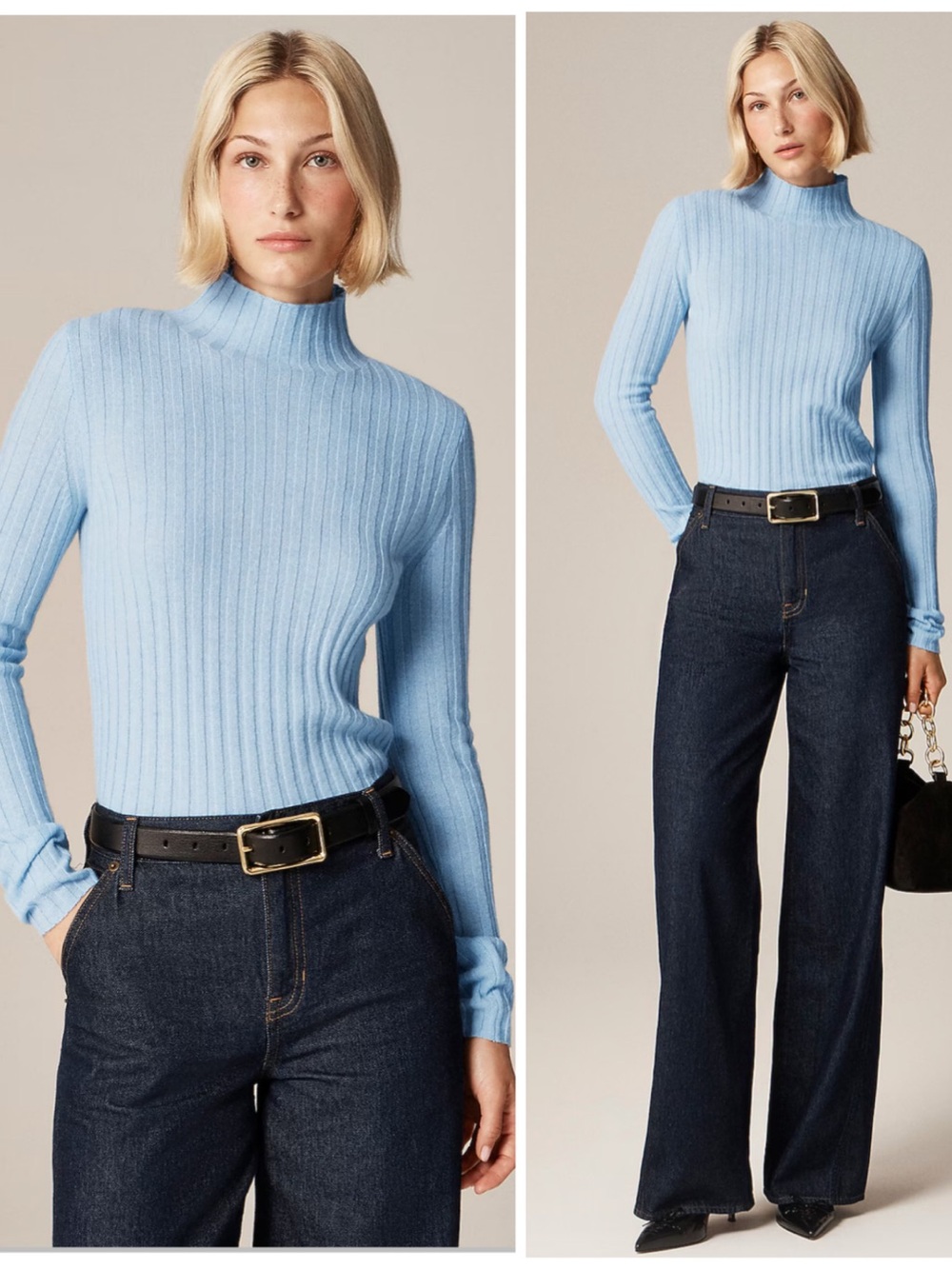 J. Crew NWT Wide Rib Cashmere Turtleneck Sweater in Heather River (Light Blue) M